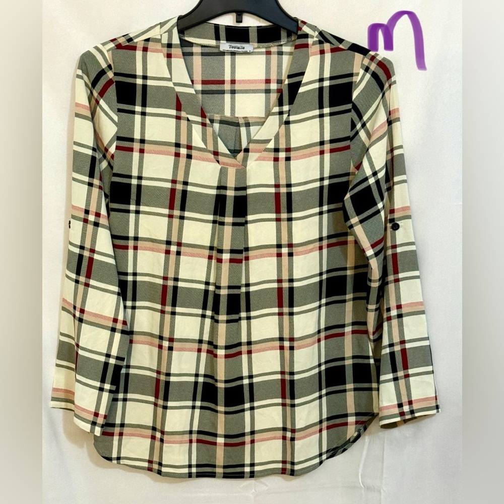 Trendy Plaid V-Neck Blouse